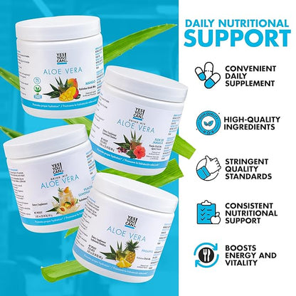 Yes You Can! Organic Aloe Vera Powder Drink Mix - Hydration Booster Infused with Pure Aloe Juice - Delicious Flavors - Made in USA - Antioxidant Rich - Vatiety Flavor - 40 Servings Per Canister (4 Pack)