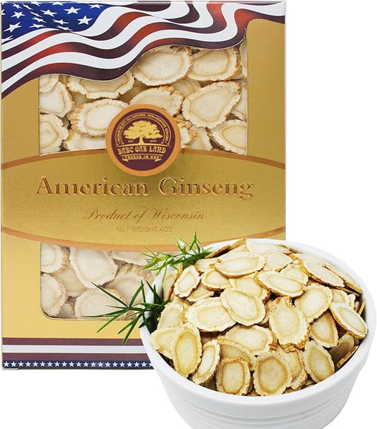 American Ginseng Slices from Wisconsin, DOL American Wisconsin Ginseng Slices Root for Tea, Energy for Men Women Health Boosts Immunity,多年生長 大园切片 花旗參/西洋參, Lager Round Strip 1 Box of 4OZ