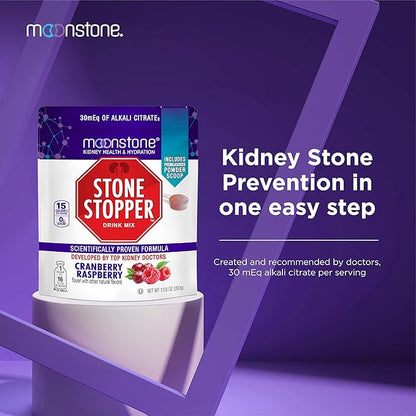 Stone Stopper Drink Mix, Cranberry Raspberry, Kidney Stone Prevention, Calcium Oxalate Protector, Developed by Urologists to Improve Hydration and Support Kidney Health, 30 Day Supply