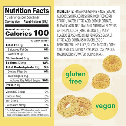 Snak Club Tajin Pineapple Rings Gummy Candy, Fruit Candy Gummies with Chili and Lime Seasoning, Mild, Gluten-Free and Vegan Snacks, 11 oz Resealable Bag