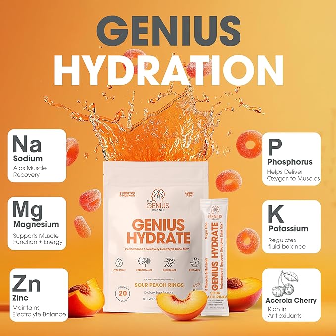 The Genius Brand Genius Hydrate - Electrolyte Supplement for Daily Hydration - Coconut Water - Sugar-Free - 8 Essential Minerals & Nutrients - Non-GMO - Sour Peach Rings - 20 Servings