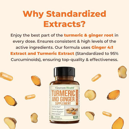 Turmeric Curcumin Supplement with Ginger for Joint Support, Digestive & Gut Health - Contains Organic Turmeric Curcumin with Black Pepper (Bioperine) for Enhanced Absorption - 60 Ginger Root Capsules