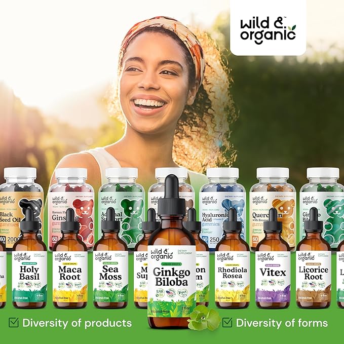 Wild & Organic Ginkgo Biloba Tincture - Brain & Focus Support with Ginkgo Leaf Supplement - Vegan, Sugar & Alcohol-Free Herbal Extract Tincture - 2 fl oz