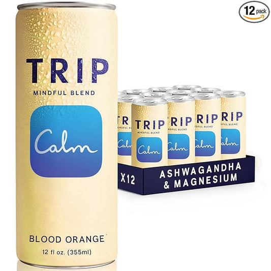 Trip Mindful Blend, Lightly Sparkling Calming Drink, 120 MG Magnesium Citrate with Ashwagandha, Lions Mane & L Theanine, No Added Sugar, Low Calorie, Vegan, Blood Orange, 12 Oz, 12Pk