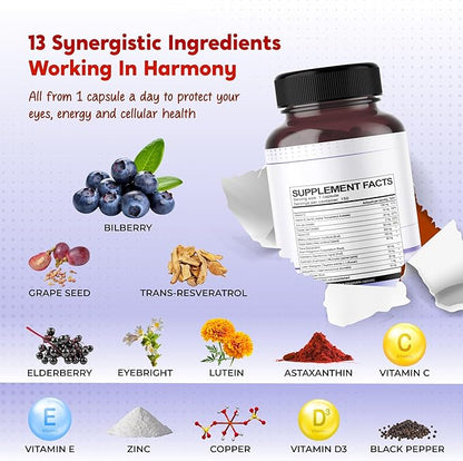 All-in-1 Bilberry Eyebright Astaxanthin Elderberry Resveratrol Supplement - Rich in Antioxidants & Supports Eye Health - Made in The USA -150 Capsules