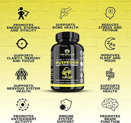 THE ENCLARE NUTRITION Mushroom Supplement 10in1 Complex Immune Support Lions Mane, Reishi, Turkey Tail, Cordyceps, Chaga, Maitake, Shiitake, Agaricus: Nootropic Brain, Energy Booster (1)