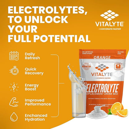 Vitalyte Electrolyte Powder Drink Mix, Isotonic Electrolyte Hydration Mix, Gluten Free Post Workout Powder Mix, Pack of 1, 35 oz., Orange Flavor