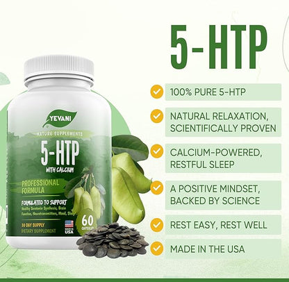 100% Pure 5-HTP Formula with Calcium for Mood, Stress, and Sleep Supplement for Adults - Neurotransmitter Support - 5-Hydroxytryptophan - 60 Capsules, 30 Servings