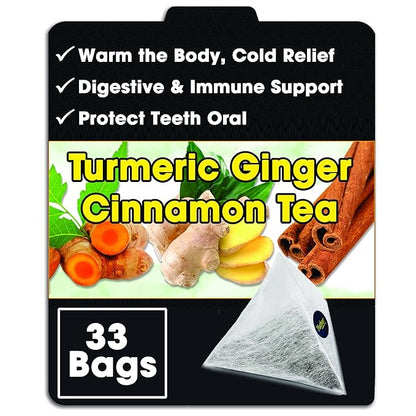 Turmeric Ginger Cinnamon Tea Bags Pyramid with String - Warm Body for Cold Relief, Protect Teeth Oral, inflammatory & Digestive Support - Natural Ingredients, No Additives, No Sugar