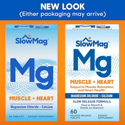 SlowMag Muscle & Heart Magnesium Chloride Supplement with Calcium, 60 Count, Supports Muscle Relaxation, Heart, Nerve & Bone Health, High Absorption