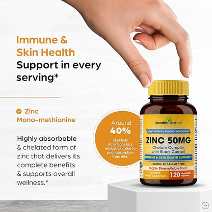 Zinc Supplements for Men and Women | Zinc 50mg with Black Currant 120 Vegetarian Capsules | Highly Absorbable Form for Immune Support | Zink 50 mg Supplement Promotes Skin Health