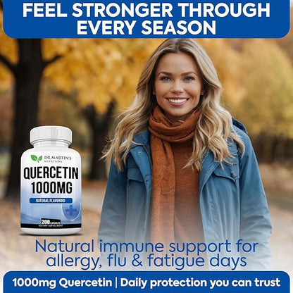 1000mg Quercetin - 200 Capsules | Immune Support, Antioxidant for Seasonal Sinus Relief & Cardiovascular Health | Maintains Inflammatory & Immune Responses | Men & Women