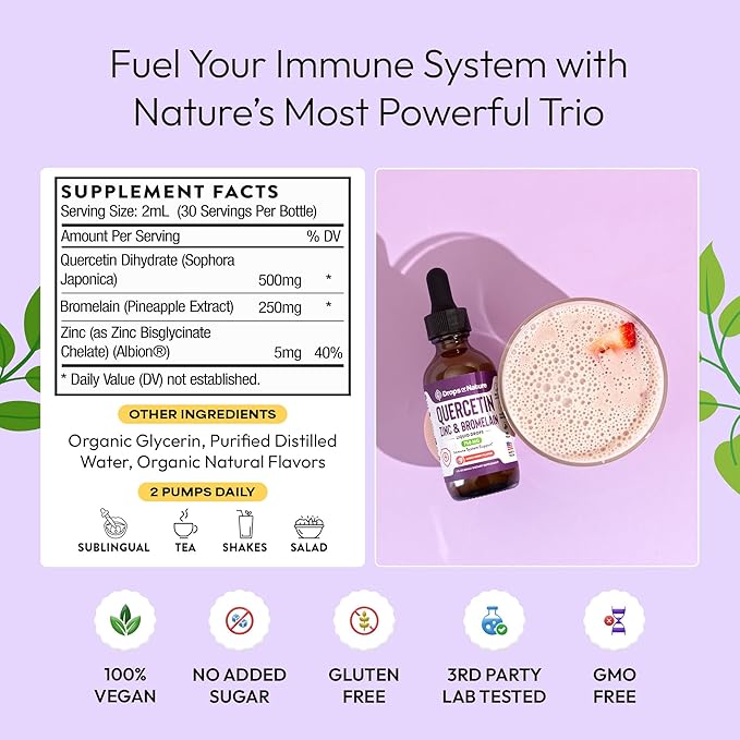 Quercetin with Bromelain & Zinc (5mg) Liquid Drops – Immune Support for Adults & Kids – Ultra-Concentrated Bioflavonoids – Immune Defense – Cellular Health – Vegan, Non-GMO, Gluten Free – 2 Fl Oz