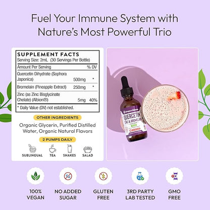 Quercetin with Bromelain & Zinc (5mg) Liquid Drops – Immune Support for Adults & Kids – Ultra-Concentrated Bioflavonoids – Immune Defense – Cellular Health – Vegan, Non-GMO, Gluten Free – 2 Fl Oz