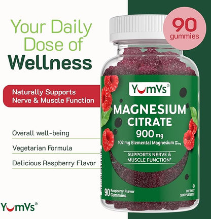 YUM-V'S Magnesium Citrate Gummies – 900mg Highly Absorbable Magnesium Gummies for Women & Men to Support Nerve, Muscle & Enzyme Function – Gluten-Free, Kosher & Raspberry Flavor (90 Count)