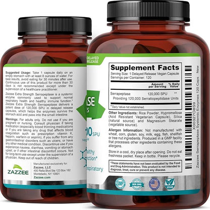 Zazzee Delayed Release Serrapeptase, 120,000 SPU per Capsule, 120 Vegan Capsules, 4 Month Supply, Extra Strength, Potent and Concentrated Systemic Enzymes, 100% Vegetarian, All-Natural and Non-GMO