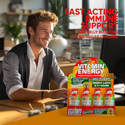 Vitamin Energy Immune+ Extra Strength Energy Shot Fruit Punch 12 Pack, 260mg Natural Caffeine, B-Vitamins, Citicoline, Green Tea, Immunity & Focus Support, Zero Sugar, Gluten-Free 1.93 fl oz