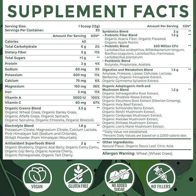 Super Greens Powder Superfood + Electrolytes & Tonic Herbs | Organic Greens, Shilajit, Adaptogens, Antioxidants, Preobiotic & Probiotic & Postbiotic| for Energy, Gut & Immune| Unflavored - 30 Servings