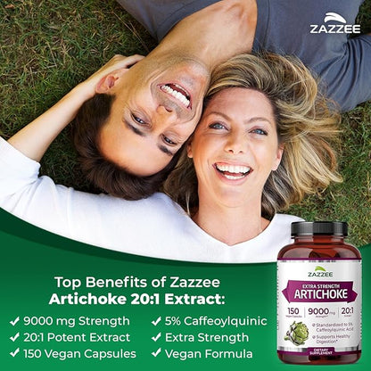Zazzee Extra Strength Artichoke 20:1 Extract, 9000 mg Strength, 5% Caffeoylquinic Acid, 150 Vegan Capsules, 5 Month Supply, Concentrated and Standardized 20X Extract, Non-GMO and All-Natural
