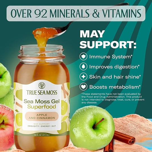 TrueSeaMoss Sea Moss Gel – Made in USA – Wildcrafted Seamoss, Fresh Fruits & Sea Vegetables – Apple/Cinnamon, Pack of 2 (Labels may Vary)