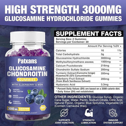 1 Pack 3000MG Glucosamine Chondroitin Gummies - Extra Strength Joint Health & MSM Elderberry Natural Joint Support Supplement, Flexibility, Antioxidant Immune Support for Adults, 60 Gummies.