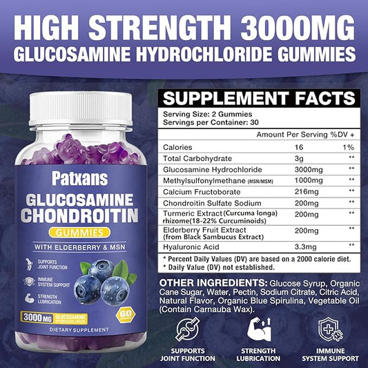 1 Pack 3000MG Glucosamine Chondroitin Gummies - Extra Strength Joint Health & MSM Elderberry Natural Joint Support Supplement, Flexibility, Antioxidant Immune Support for Adults, 60 Gummies.