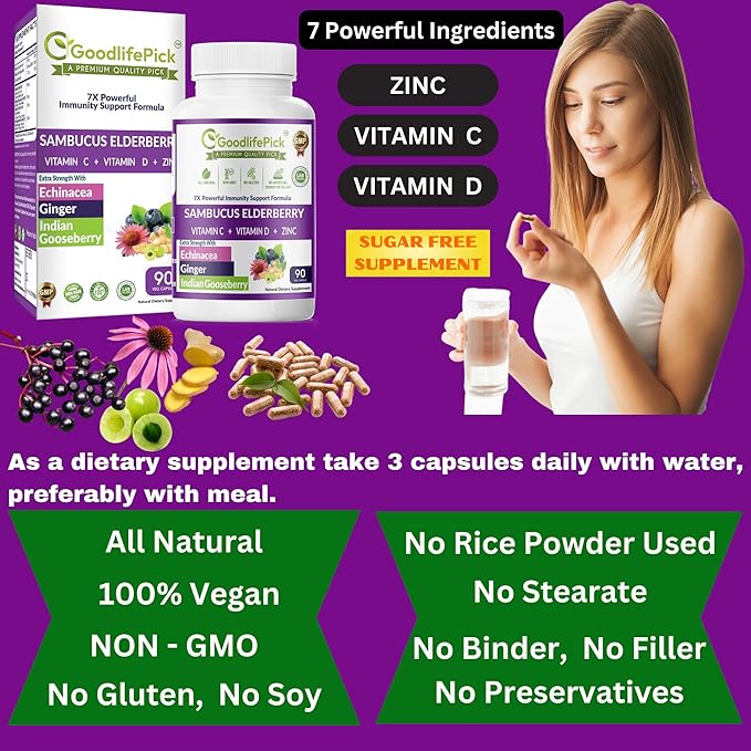 7X Elderberry with ZINC, Vitamin C, Vitamin D, Echinacea, Ginger & Indian Gooseberry (Amla).Premium Elderberry Capsules 90 ct, All Natural,Vegan,Non-GMO, No Rice Powder, No-Gluten, No Sugar