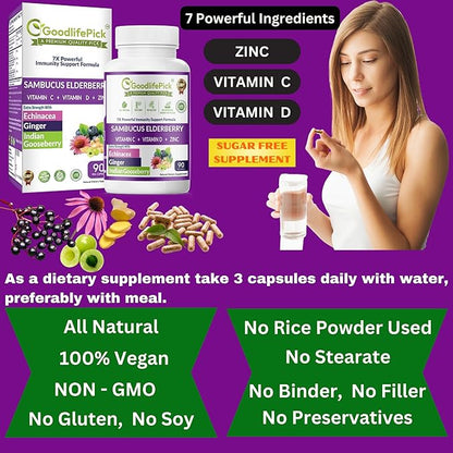 7X Elderberry with ZINC, Vitamin C, Vitamin D, Echinacea, Ginger & Indian Gooseberry (Amla).Premium Elderberry Capsules 90 ct, All Natural,Vegan,Non-GMO, No Rice Powder, No-Gluten, No Sugar