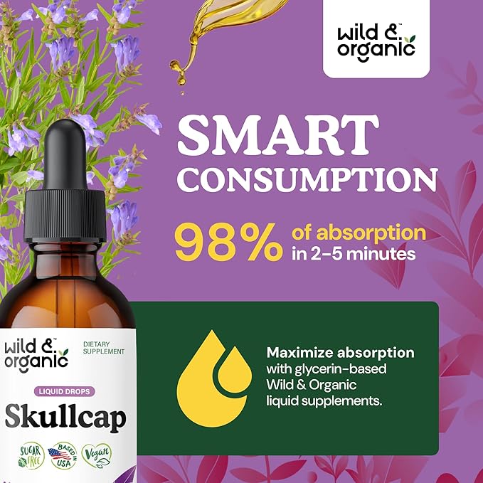 Wild & Organic Skullcap Tincture - Relaxation, Good Mood, Calmness - Liquid Skullcap Herb Supplement - Vegan, Sugar & Alcohol-Free Drops - 2 fl oz