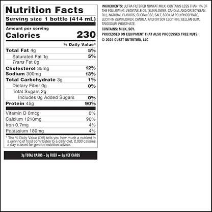 Quest Nutrition Vanilla Protein Shake, 45g Protein, 2g Sugar, 3g Net Carbs, Ready to Drink, Gluten Free, 4 Count