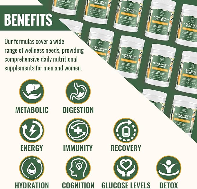Super Greens Powder Superfood + Electrolytes & Tonic Herbs | Organic Greens, Shilajit, Adaptogens, Antioxidants, Preobiotic & Probiotic & Postbiotic| for Energy, Gut & Immune| Unflavored - 30 Servings