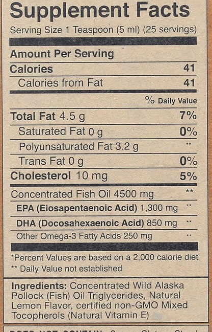 Wiley’s Finest Wild Alaskan Fish Oil Peak Omega-3 Liquid Supplement - 2300mg EPA and DHA Omega-3s - Lemon Flavor - 4.23 Oz (25 Servings)