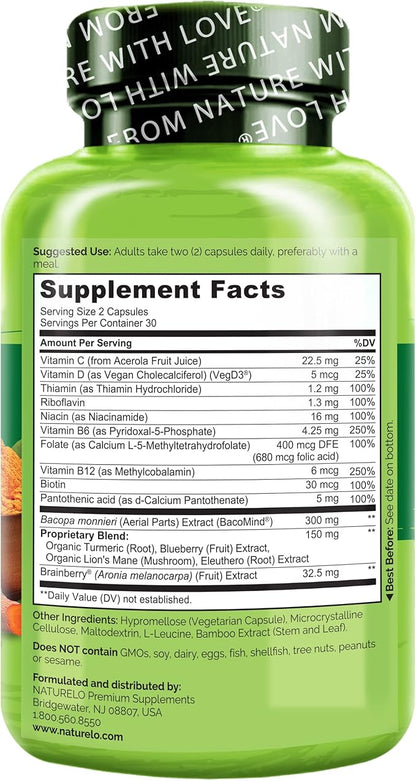 NATURELO Whole Food Brain Supplement - Brain Health Supplements for Memory & Focus Support - Enhance Brain Health Blend Supplement for Adults - 60 Vegetarian Capsules