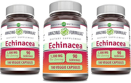 Amazing Formulas Echinacea | 1300 Mg | Veggie Capsules Supplement | Non-GMO | Gluten Free | Made in USA (3 Pack | 180 Count)