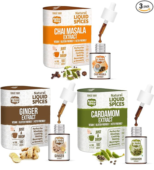 Spice Drop Spicy Tea Combo ( Natural Extract of Ginger , Tea Masala and Cardamom), 5ml (Pack of 3), For Food, Beverages and Dessert
