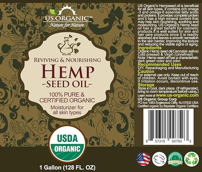 US Organic Hemp Seed Oil, Certified Organic, Pure & Natural, Cold Pressed Virgin, Unrefined, Size for DIY and small manufacturers (128 oz (1 Gallon))