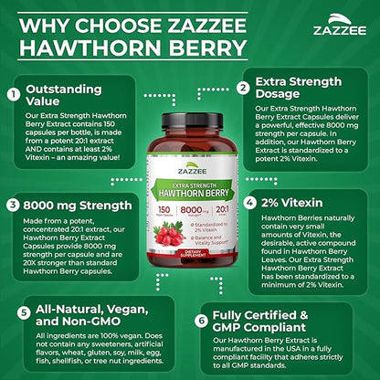 Zazzee Extra Strength Hawthorn Berry 20:1 Extract, 8000 mg Strength, 2% Vitexin, 150 Vegan Capsules, 5 Month Supply, Concentrated and Standardized Potent 20X Extract, Non-GMO and All-Natural
