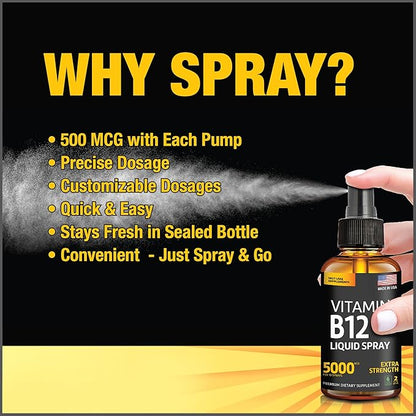 (2 Pack) - Liquid B12 Spray 5000 mcg - Vitamin B12 Sublingual - Vegan B12 Vitamin Spray - Methylcobalamin Vitamin B12 Liquid Boosts Energy & Mood - Gluten-Free & Non-GMO