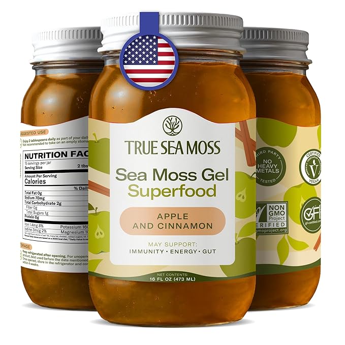 TrueSeaMoss Sea Moss Gel – Made in USA – Wildcrafted Seamoss, Fresh Fruits & Sea Vegetables – Apple/Cinnamon, Pack of 1 (Labels may Vary)