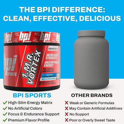 BPI Sports 1.M.R Vortex Pre Workout Powder – High Stim Preworkout for Men & Women with Glycerol, Caffeine, Niacin, and Herbal Extracts – Energy, Focus & Endurance – Blue Raz Flavor – 50 Servings