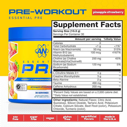 AN Essentials Pre-Workout Powder Supplement for Men & Women | Energy Mix with 200mg Caffeine, Beta Alanine, Citrulline, & Creatine | Chiquita Pineapple Strawberry | 30 Servings