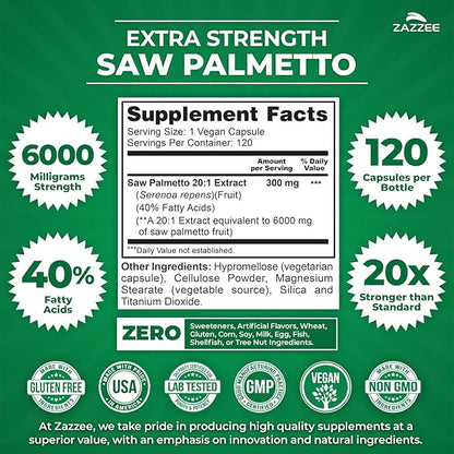 Zazzee Extra Strength Saw Palmetto 20:1 Extract, 6000 mg Strength, 40% Fatty Acids, 120 Vegan Capsules, 4 Month Supply, Concentrated and Standardized 20X Extract, Non-GMO, All-Natural, Made in the USA
