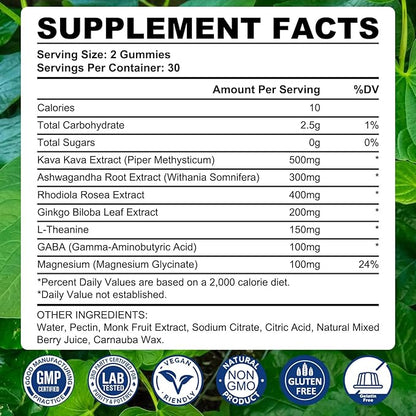 2 Pack Kava Kava Gummies 500mg, Calm Gummies for Relax, Calm, Focus & Sl♡ep, Kava Kava Root Extract Alternative to Kava Powder Capsules, Melatonin-Free, Sugar Free, Vegan, Mixed Berry Flavor, 120 Ct