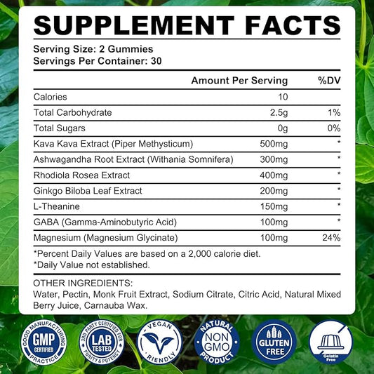 2 Pack Kava Kava Gummies 500mg, Calm Gummies for Relax, Calm, Focus & Sl♡ep, Kava Kava Root Extract Alternative to Kava Powder Capsules, Melatonin-Free, Sugar Free, Vegan, Mixed Berry Flavor, 120 Ct
