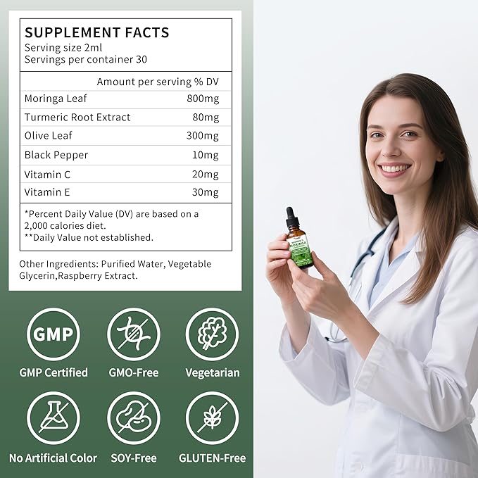 2 Pack（4 Fl Oz） Moringa Liquid Drops 800 mg for Women- with Moringa Oleifera Leaf Extract, Turmeric Root Extract, Olive Leaf, Black Pepper, Vitamin C & E，Antioxidant, Energy and Immunity Support.
