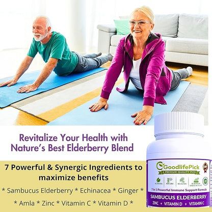 7X Elderberry with ZINC, Vitamin C, Vitamin D, Echinacea, Ginger & Indian Gooseberry (Amla).Premium Elderberry Capsules 90 ct, All Natural,Vegan,Non-GMO, No Rice Powder, No-Gluten, No Sugar
