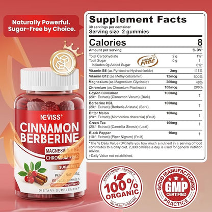 Sugar Free Ceylon Cinnamon Berberine Gummies 2000mg Max Strength Complex Supplement with Bitter Melon, Chromium & Magnesium Glycinate, Organic Berberine HCL Cinnamon Gummy Supplements, Vegan, 120Cts