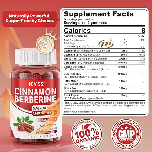 Sugar Free Ceylon Cinnamon Berberine Gummies 2000mg Max Strength Complex Supplement with Bitter Melon, Chromium & Magnesium Glycinate, Organic Berberine HCL Cinnamon Gummy Supplements, Vegan, 120Cts