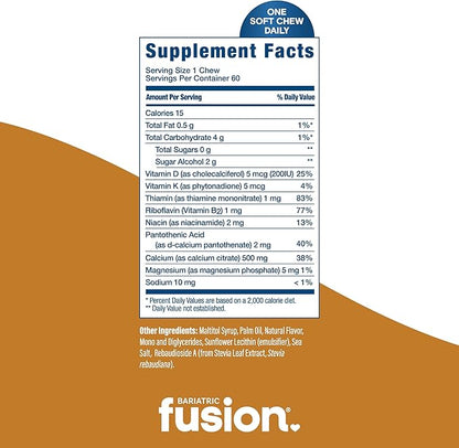 Bariatric Fusion Bariatric Calcium Supplement Chews | Calcium Citrate with Vitamin D3 Bariatric Vitamin | Sugar Free Chewable | 500mg | Vanilla | 60 Count