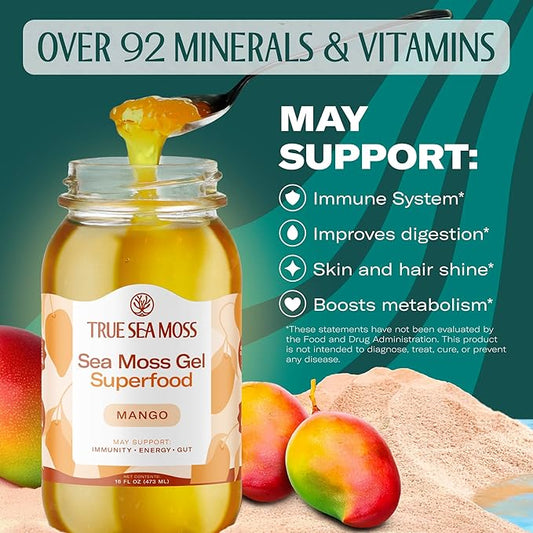 TrueSeaMoss Sea Moss Gel – Made in USA – Wildcrafted Seamoss, Fresh Fruits & Sea Vegetables – Mango, Pack of 2 (Labels May Vary)